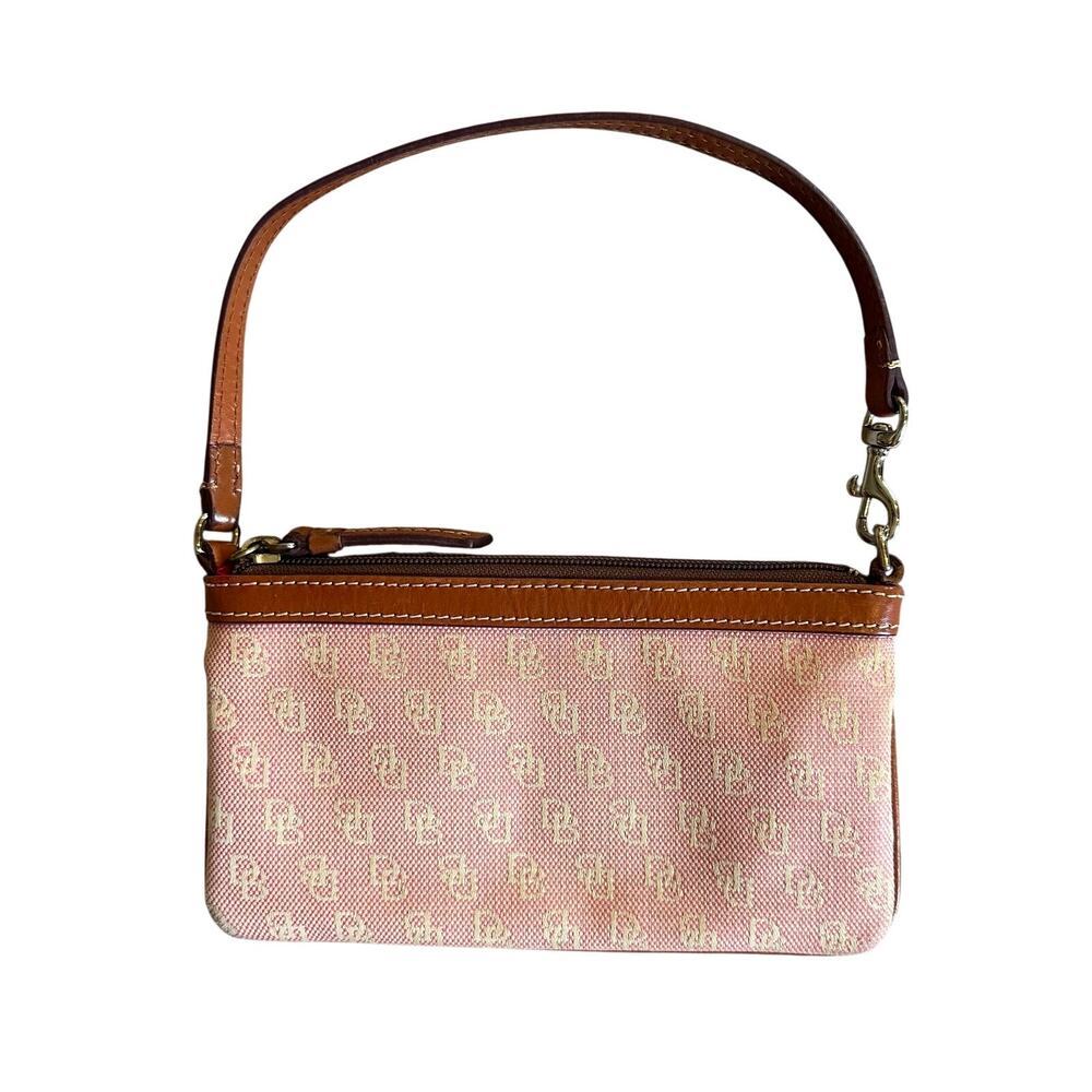 Dooney & Bourke Y2K Pink Monogram Logo Jacquard & Brown Leather Clutch Wristlet